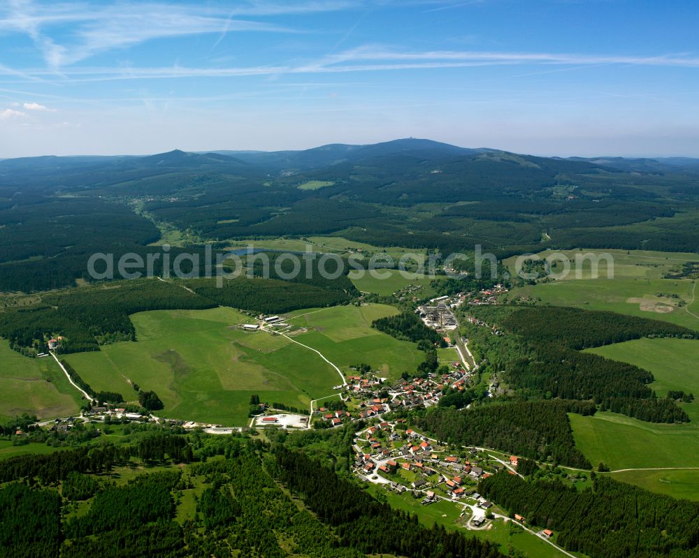 Königshütte (Harz) from the bird's eye view: Village - view on the edge of forested areas in Königshütte (Harz) in the state Saxony-Anhalt, Germany