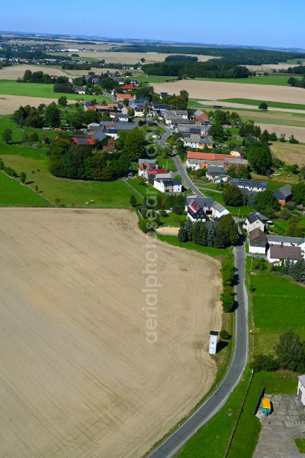 Langenwetzendorf from the bird's eye view: Village - view on the edge of forested areas in Langenwetzendorf in the state Thuringia, Germany
