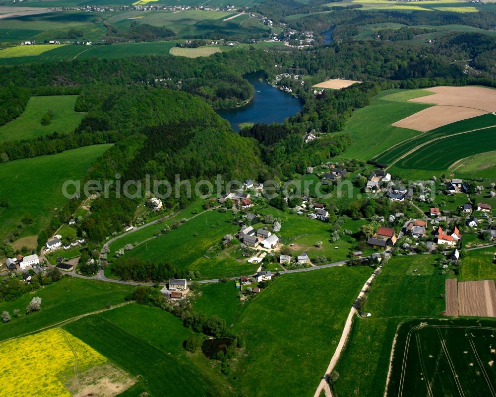 Lauenhain from above - Village - view on the edge of forested areas in Lauenhain in the state Saxony, Germany