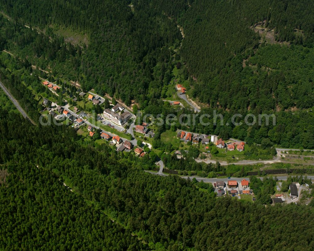 Aerial image Lautenthal - Village - view on the edge of forested areas in Lautenthal in the state Lower Saxony, Germany
