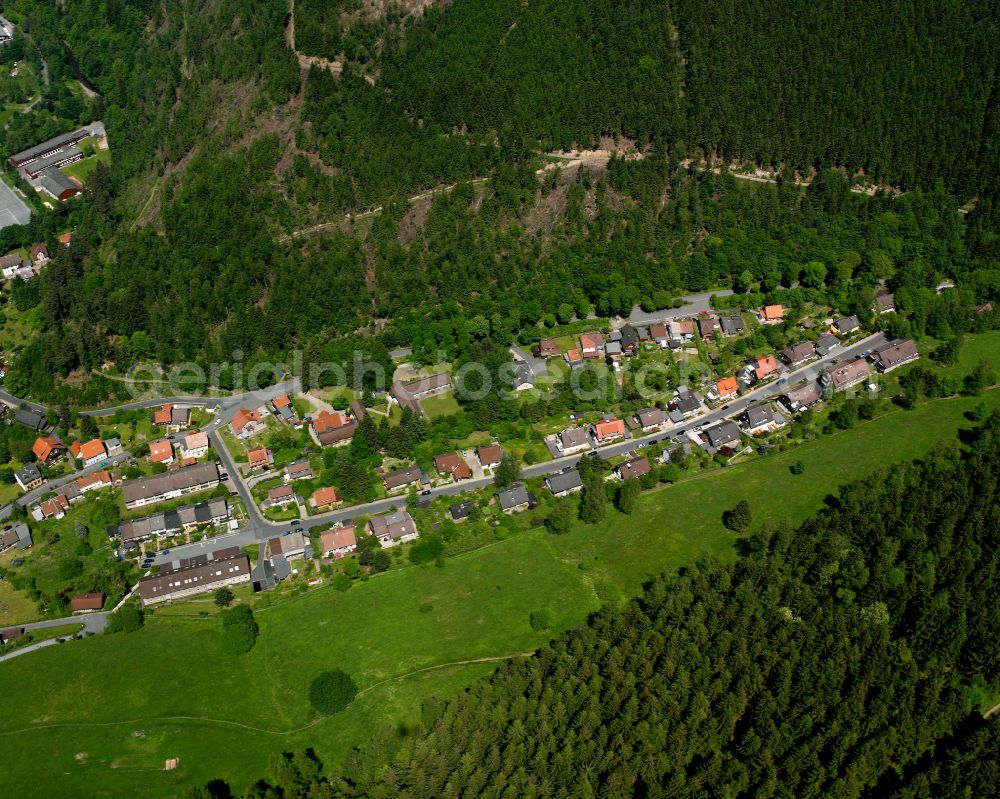 Lautenthal from above - Village - view on the edge of forested areas in Lautenthal in the state Lower Saxony, Germany