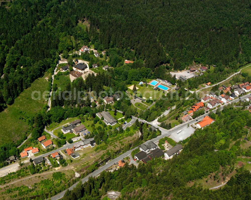 Aerial image Lautenthal - Village - view on the edge of forested areas in Lautenthal in the state Lower Saxony, Germany