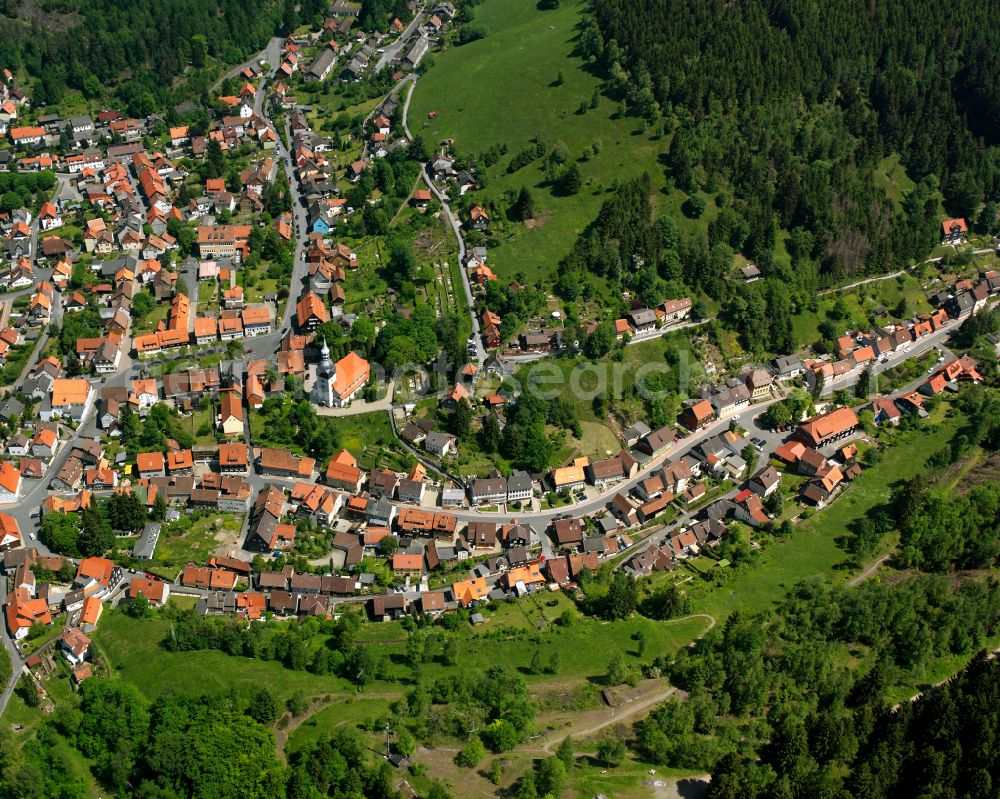 Aerial photograph Lautenthal - Village - view on the edge of forested areas in Lautenthal in the state Lower Saxony, Germany