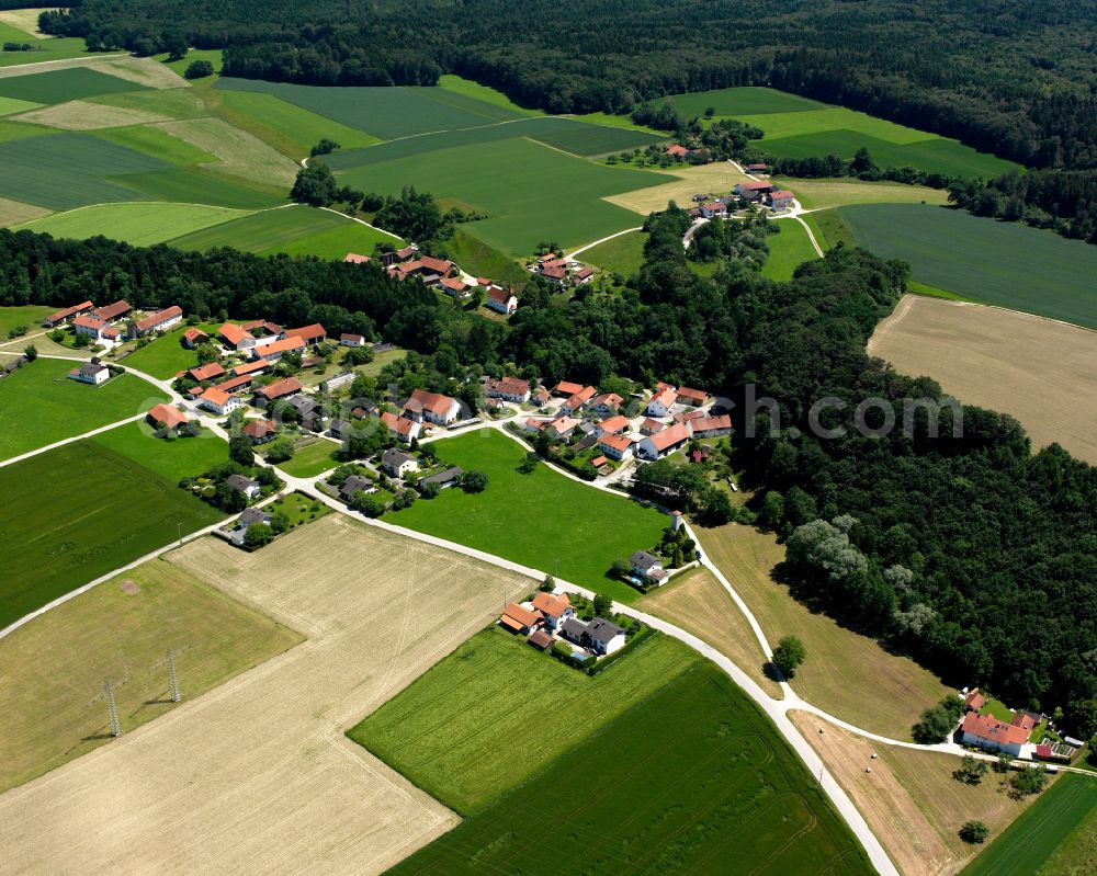 Mittling from the bird's eye view: Village - view on the edge of forested areas in Mittling in the state Bavaria, Germany
