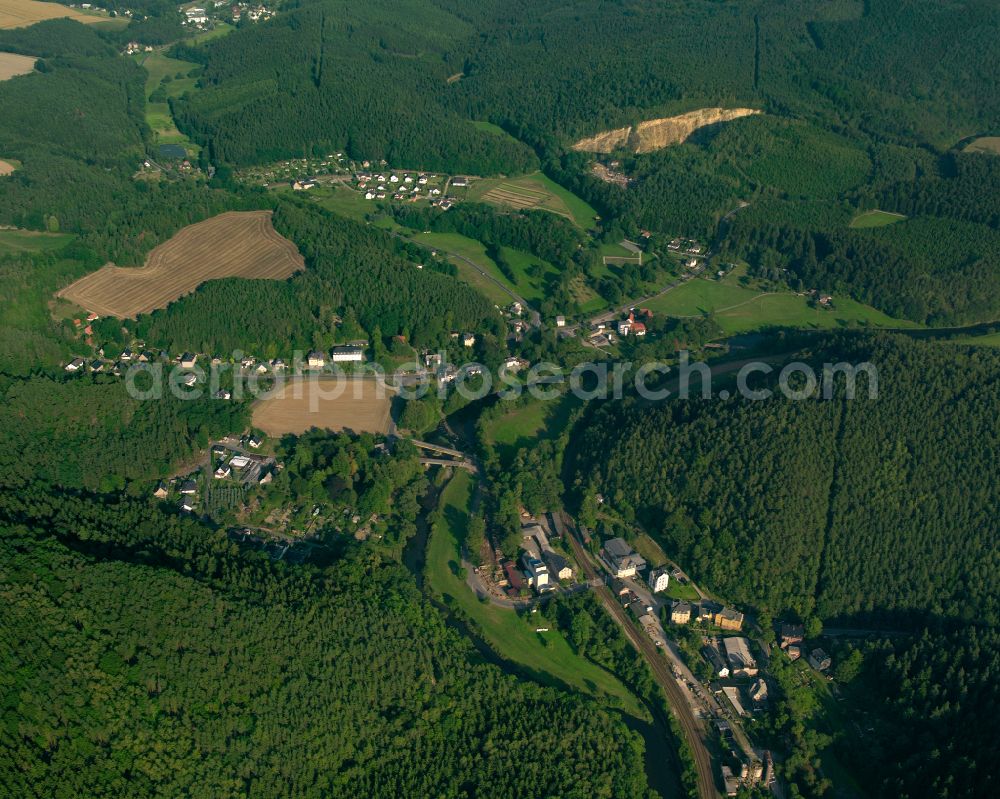 Aerial image Neumühle/Elster - Village - view on the edge of forested areas in Neumühle/Elster in the state Thuringia, Germany