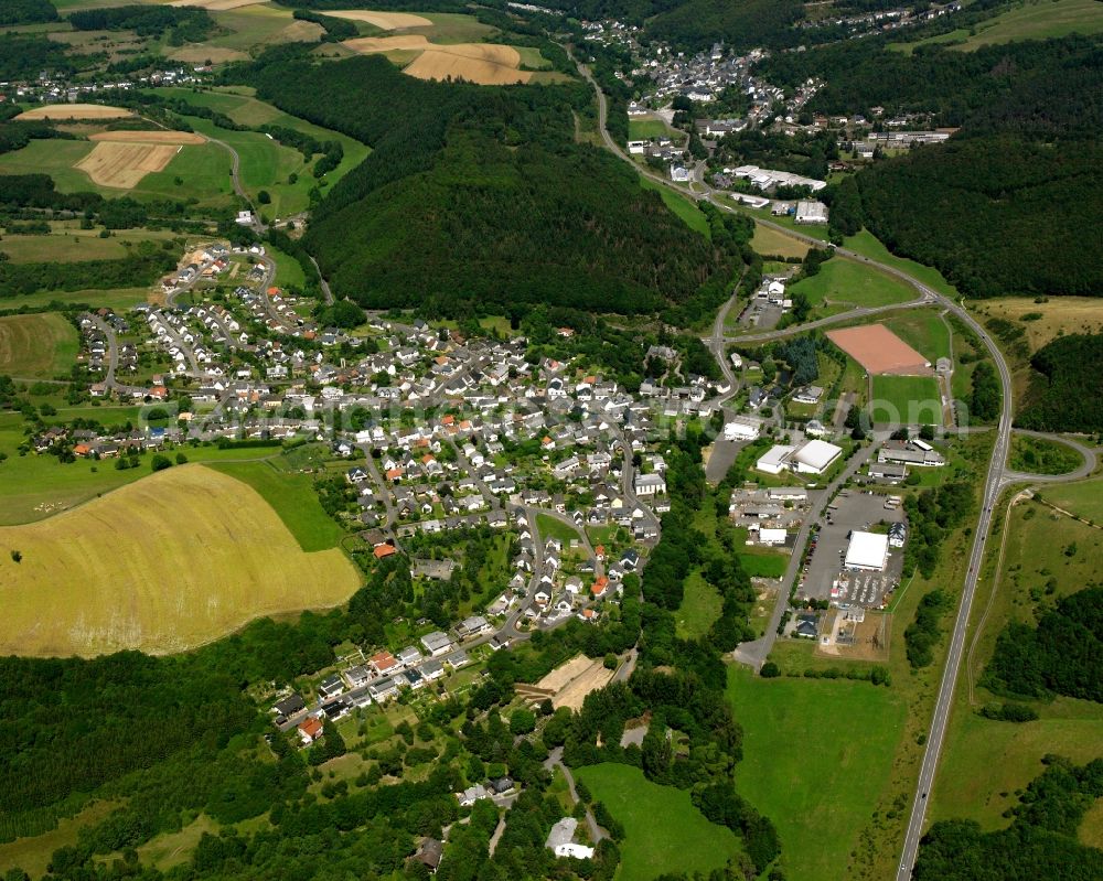 Niederwörresbach from the bird's eye view: Village - view on the edge of forested areas in Niederwörresbach in the state Rhineland-Palatinate, Germany