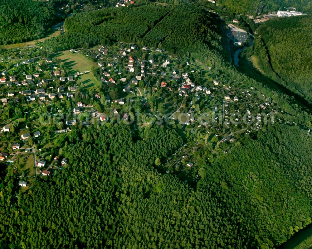 Obergrochlitz from above - Village - view on the edge of forested areas in Obergrochlitz in the state Thuringia, Germany