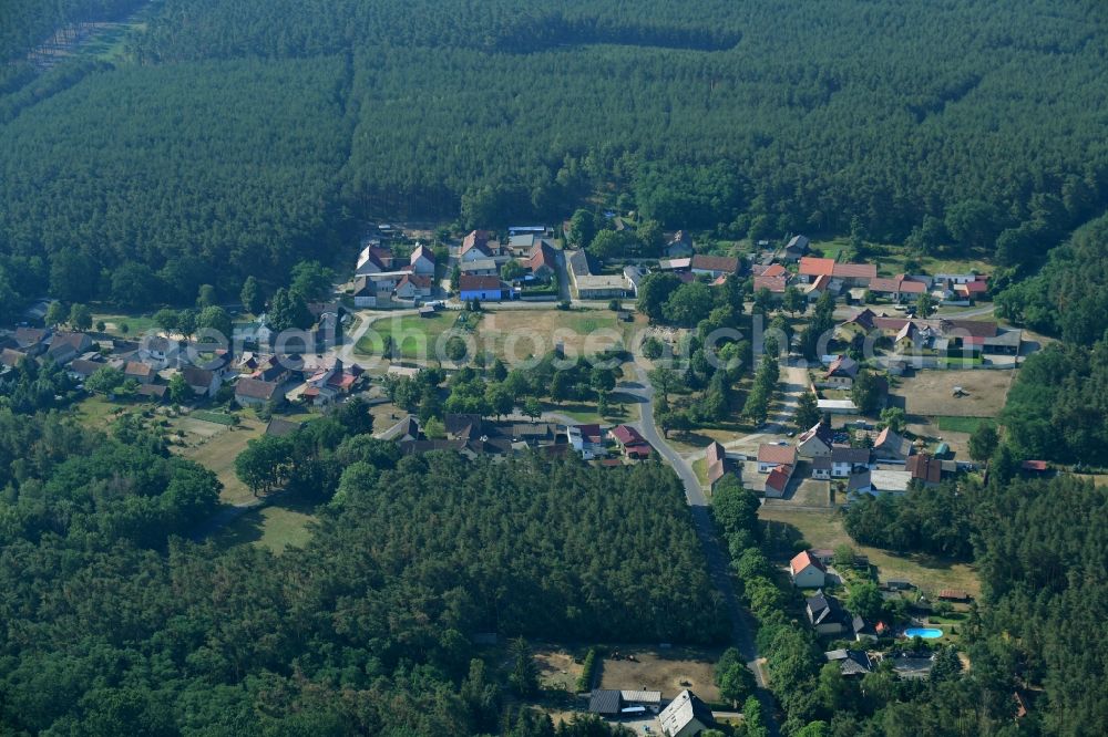 Oberjünne from above - Village - view on the edge of forested areas in Oberjuenne in the state Brandenburg, Germany