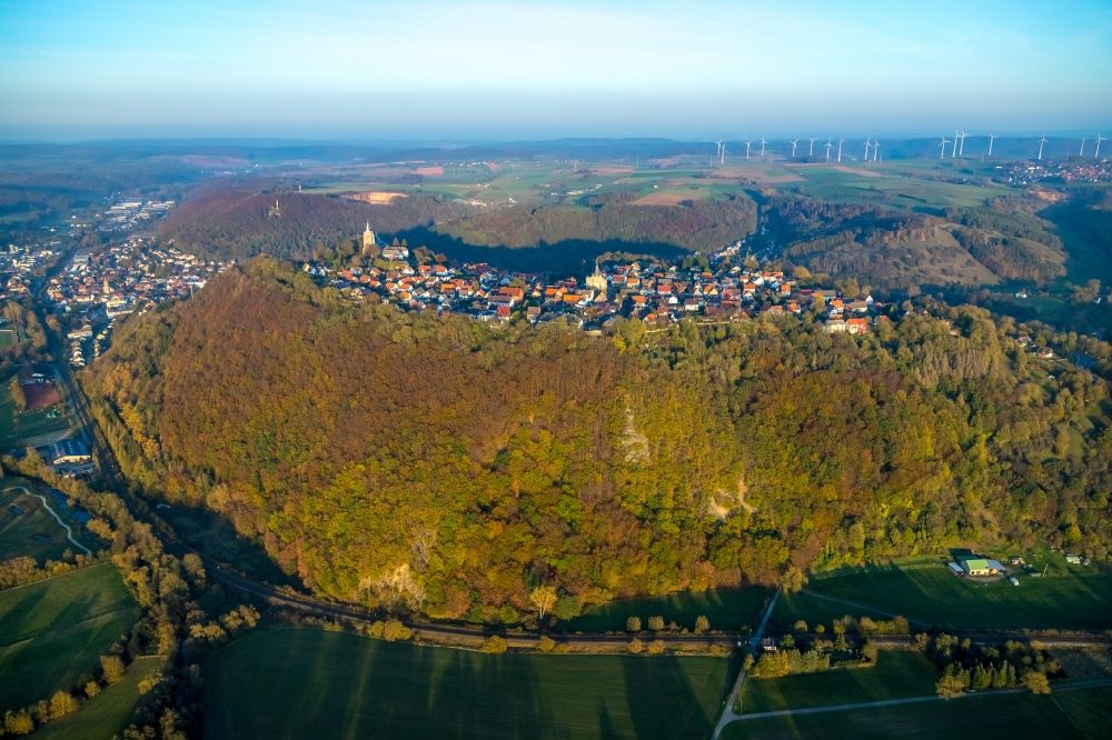 Aerial image Marsberg - Village - view on the edge of forested areas in the district Obermarsberg in Marsberg in the state North Rhine-Westphalia, Germany