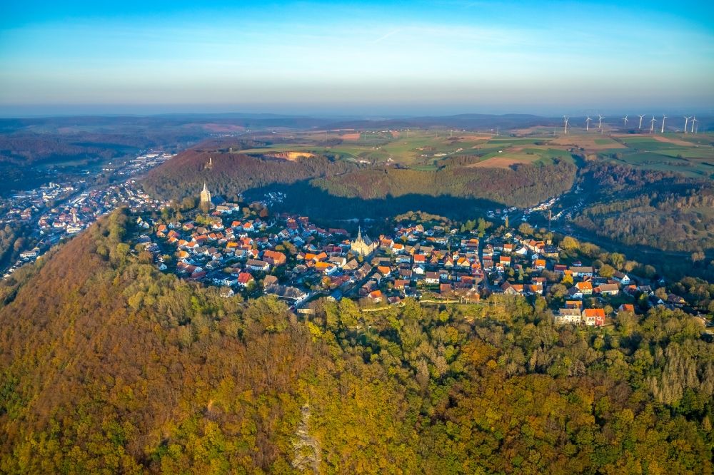 Marsberg from above - Village - view on the edge of forested areas in the district Obermarsberg in Marsberg in the state North Rhine-Westphalia, Germany