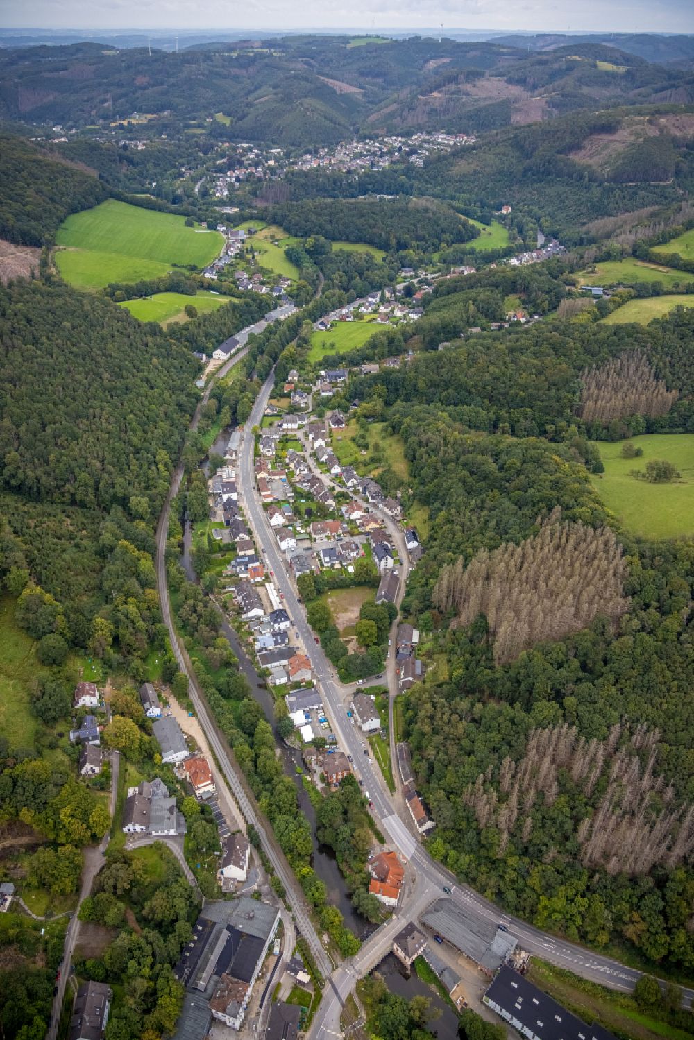 Priorei from the bird's eye view: Village - view on the edge of forested areas in Priorei in the state North Rhine-Westphalia, Germany