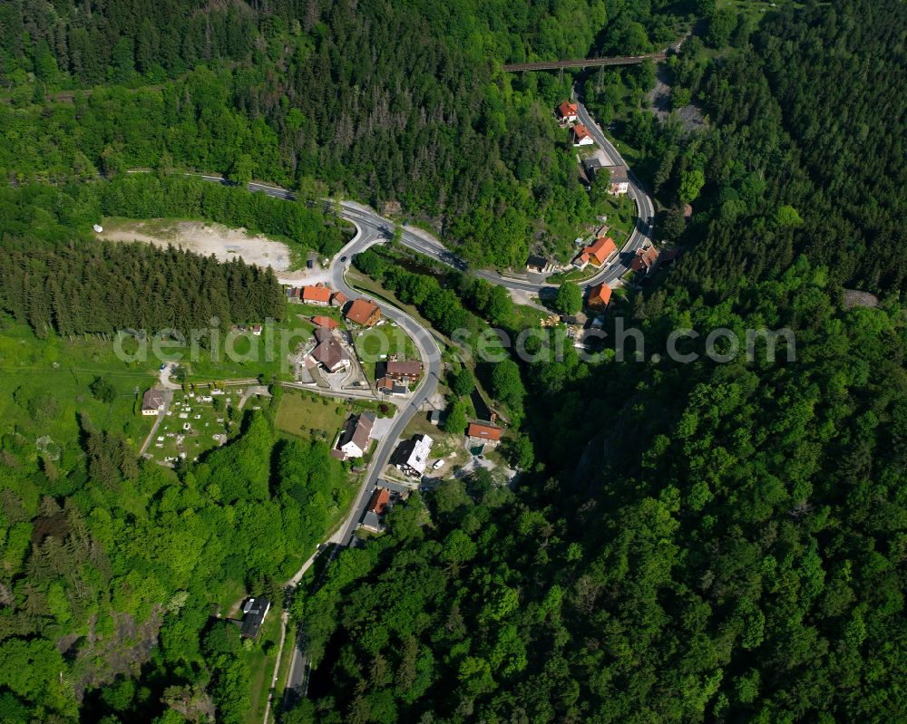 Rübeland from above - Village - view on the edge of forested areas in Rübeland in the state Saxony-Anhalt, Germany