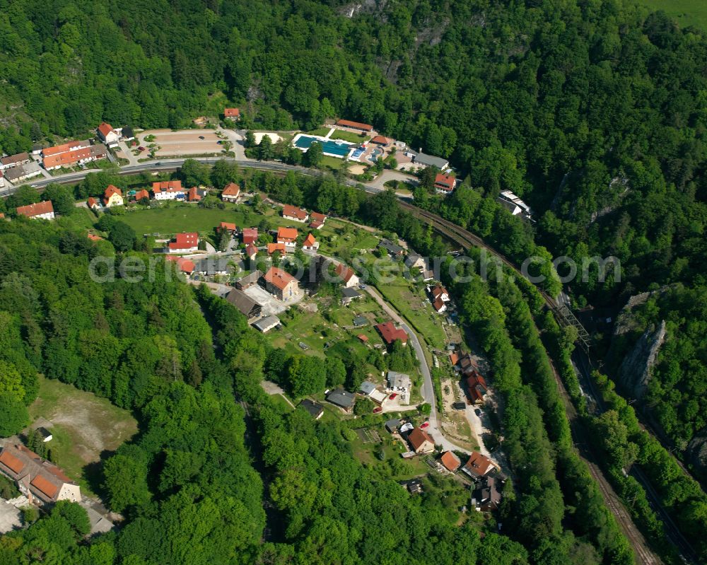 Rübeland from the bird's eye view: Village - view on the edge of forested areas in Rübeland in the state Saxony-Anhalt, Germany