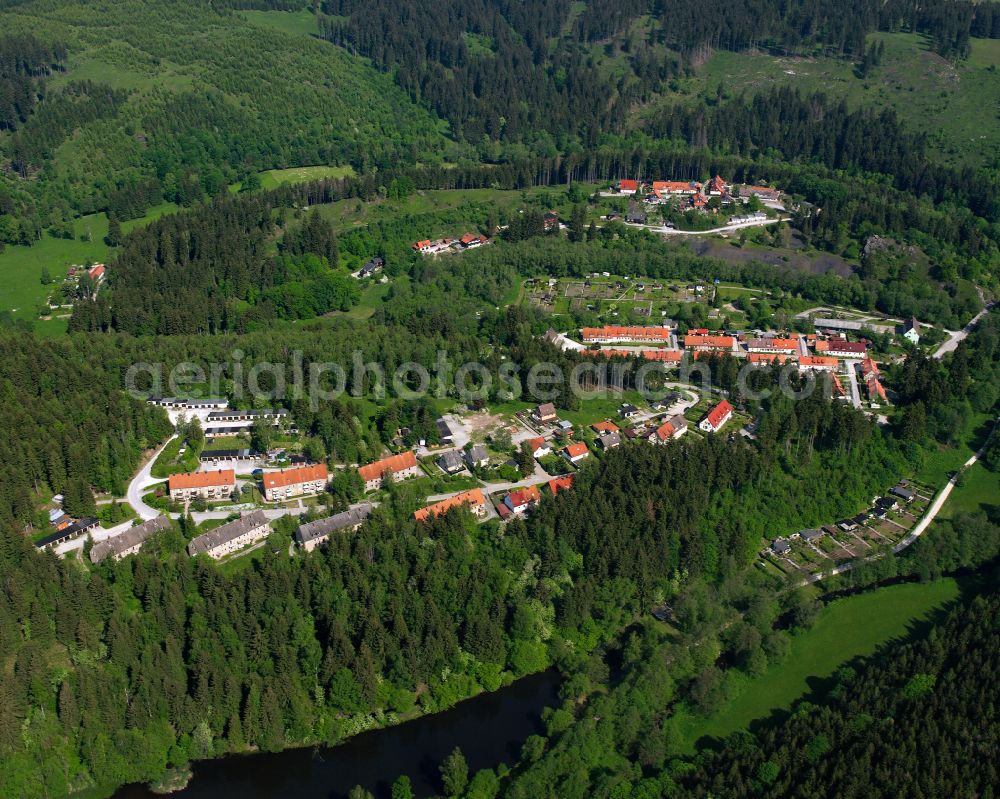 Rübeland from above - Village - view on the edge of forested areas in Rübeland in the state Saxony-Anhalt, Germany