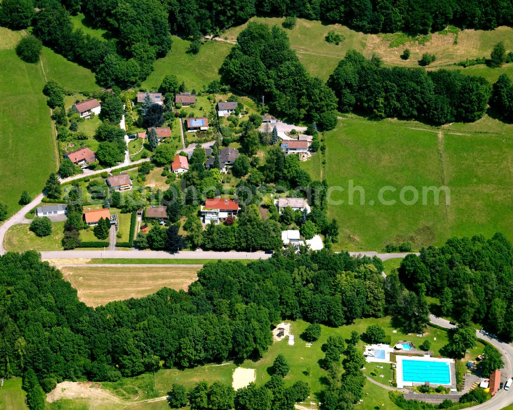 Öschingen from above - Village - view on the edge of forested areas in Öschingen in the state Baden-Wuerttemberg, Germany