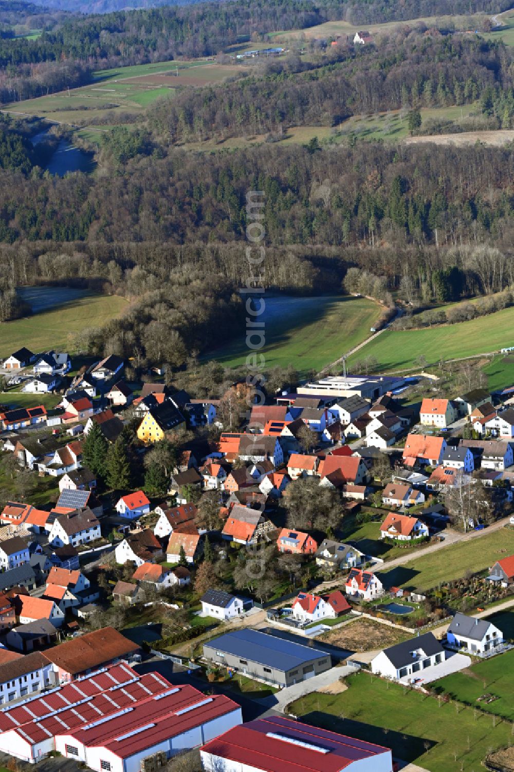 Schupf from above - Village - view on the edge of forested areas in Schupf in the state Bavaria, Germany