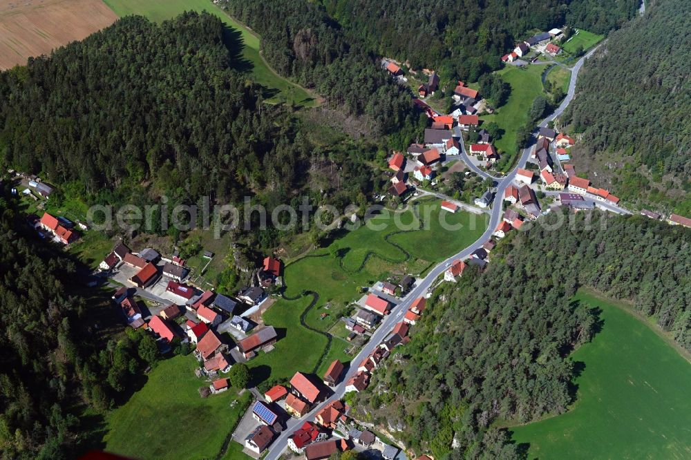 Treunitz from the bird's eye view: Village - view on the edge of forested areas in Treunitz in the state Bavaria, Germany