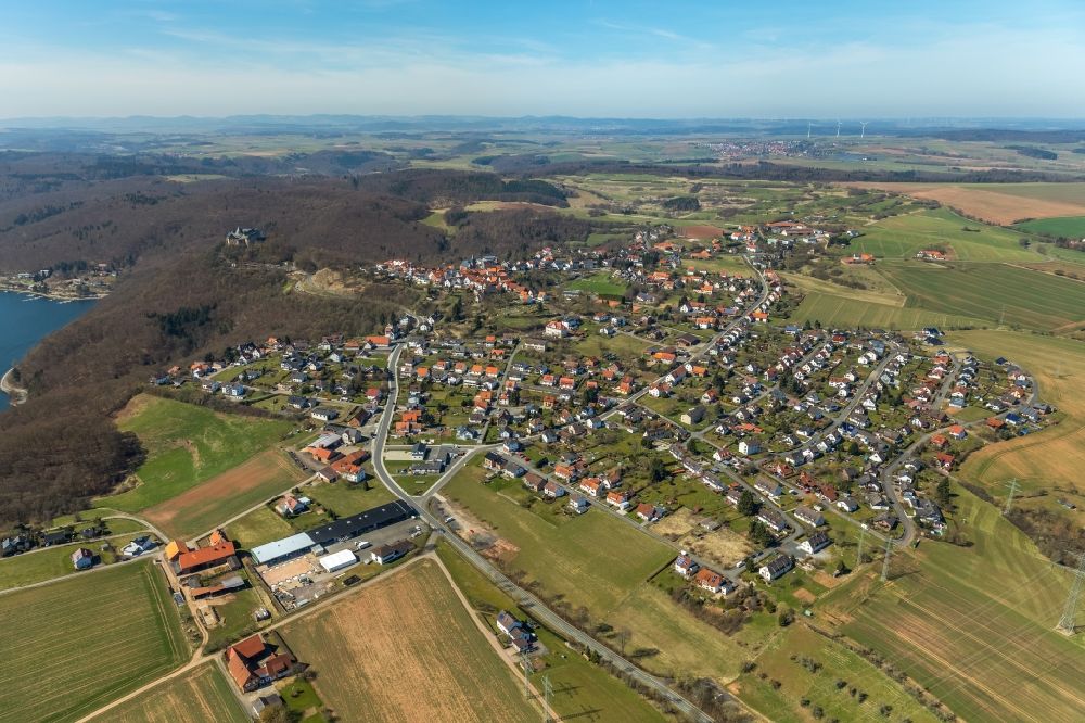 Waldeck from above - Village - view on the edge of forested areas in Waldeck in the state Hesse, Germany