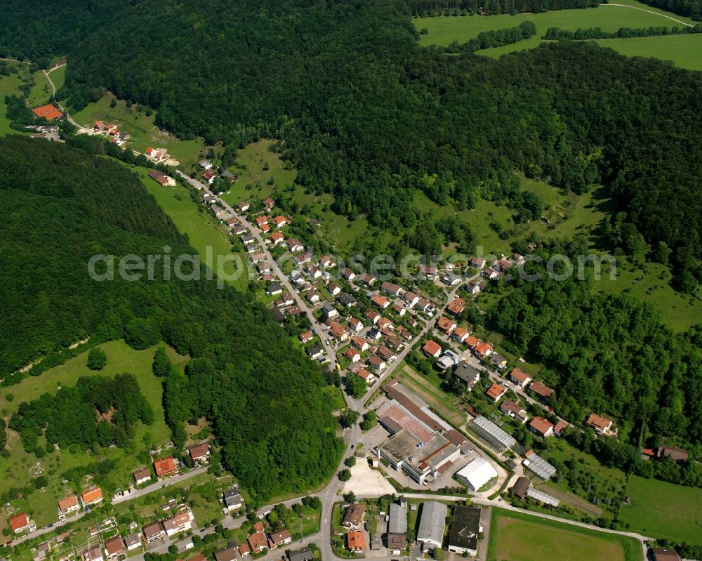 Wiesensteig from the bird's eye view: Village - view on the edge of forested areas in Wiesensteig in the state Baden-Wuerttemberg, Germany