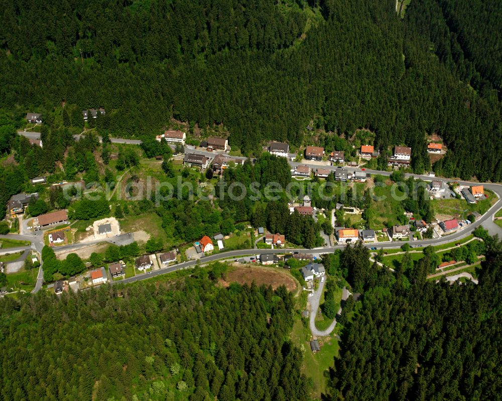 Wildemann from above - Village - view on the edge of forested areas in Wildemann in the state Lower Saxony, Germany