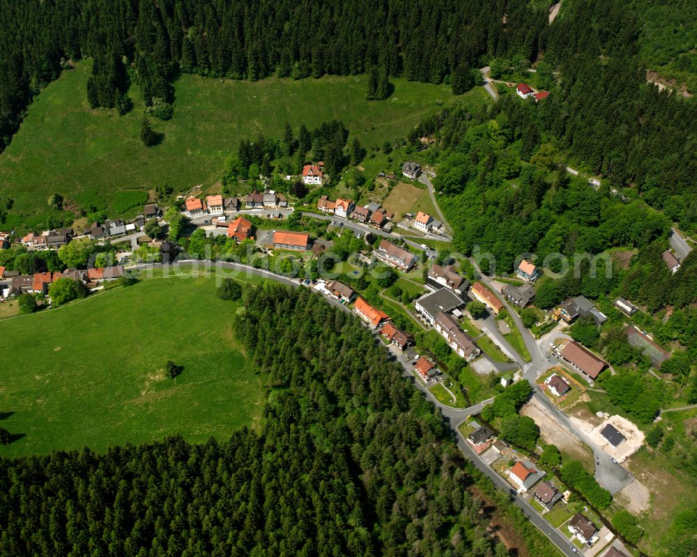 Wildemann from the bird's eye view: Village - view on the edge of forested areas in Wildemann in the state Lower Saxony, Germany