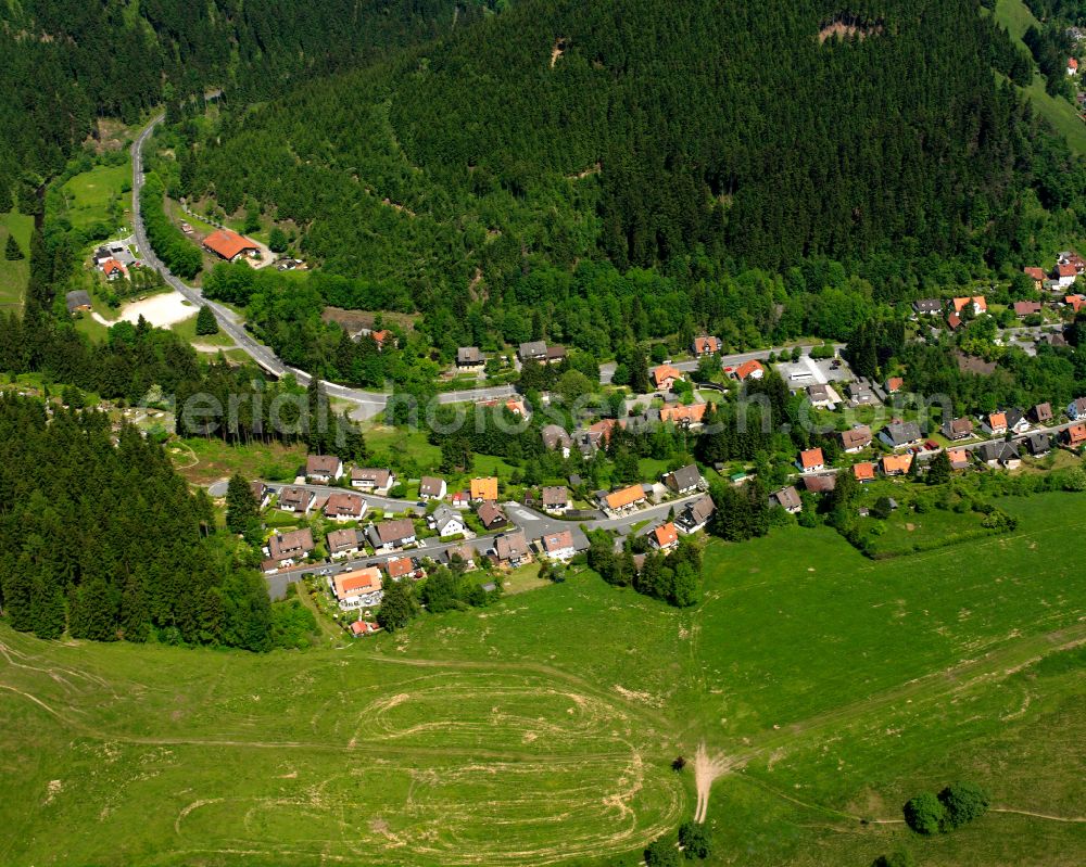 Wildemann from above - Village - view on the edge of forested areas in Wildemann in the state Lower Saxony, Germany