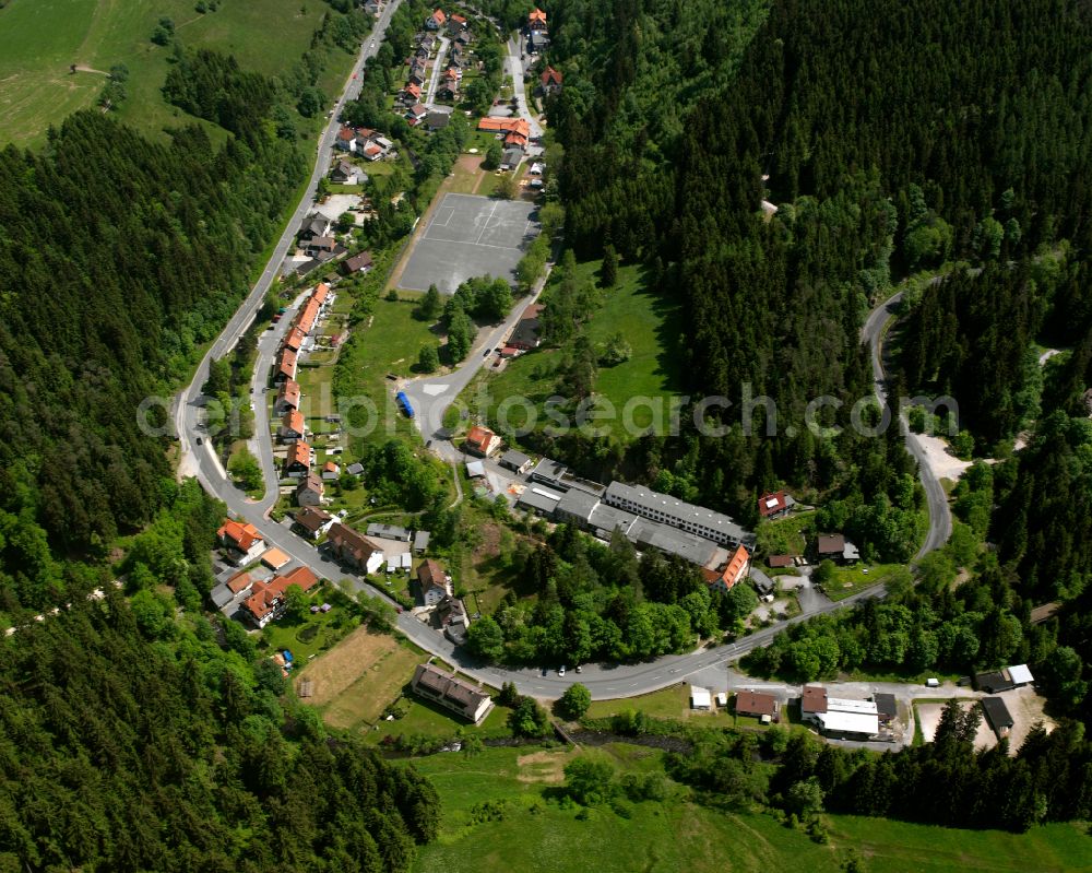 Wildemann from the bird's eye view: Village - view on the edge of forested areas in Wildemann in the state Lower Saxony, Germany
