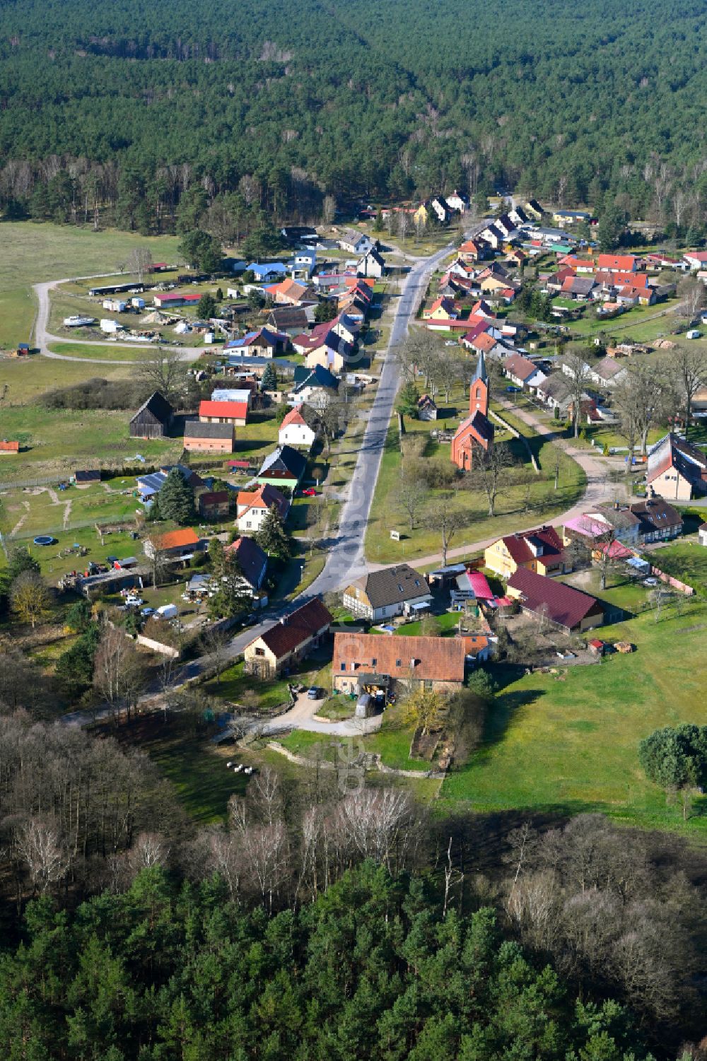 Aerial image Zechow - Village - view on the edge of forested areas in Zechow in the state Brandenburg, Germany