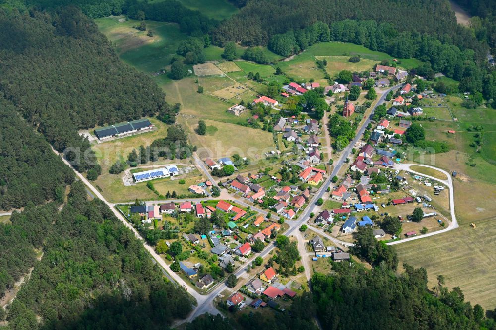 Zechow from above - Village - view on the edge of forested areas in Zechow in the state Brandenburg, Germany