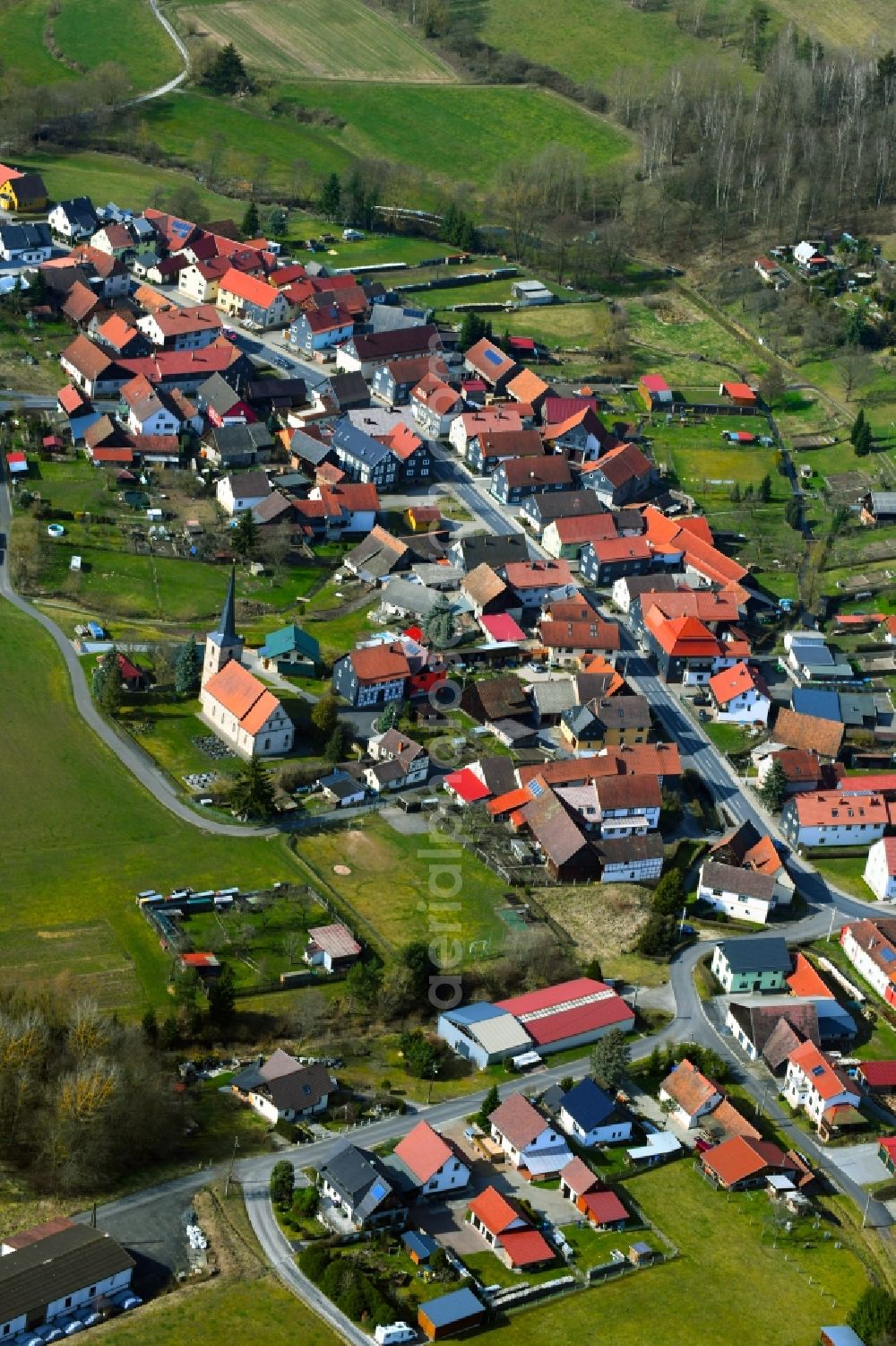 Wiedersbach from above - Village view on the edge of forest areas in a foothill landscape of the district Wiedersbach in Auengrund in the state Thuringia, Germany