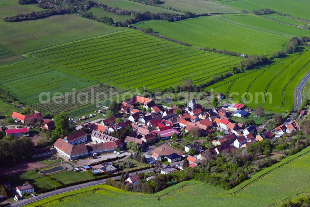 Aerial image Drebsdorf - Agricultural land and field borders surround the settlement area of the village in Drebsdorf in the state Saxony-Anhalt, Germany