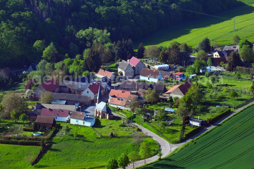 Blumerode from above - Agricultural land, field boundaries and forest surround the settlement area of a??a??the village in Blumerode in the state Saxony-Anhalt, Germany