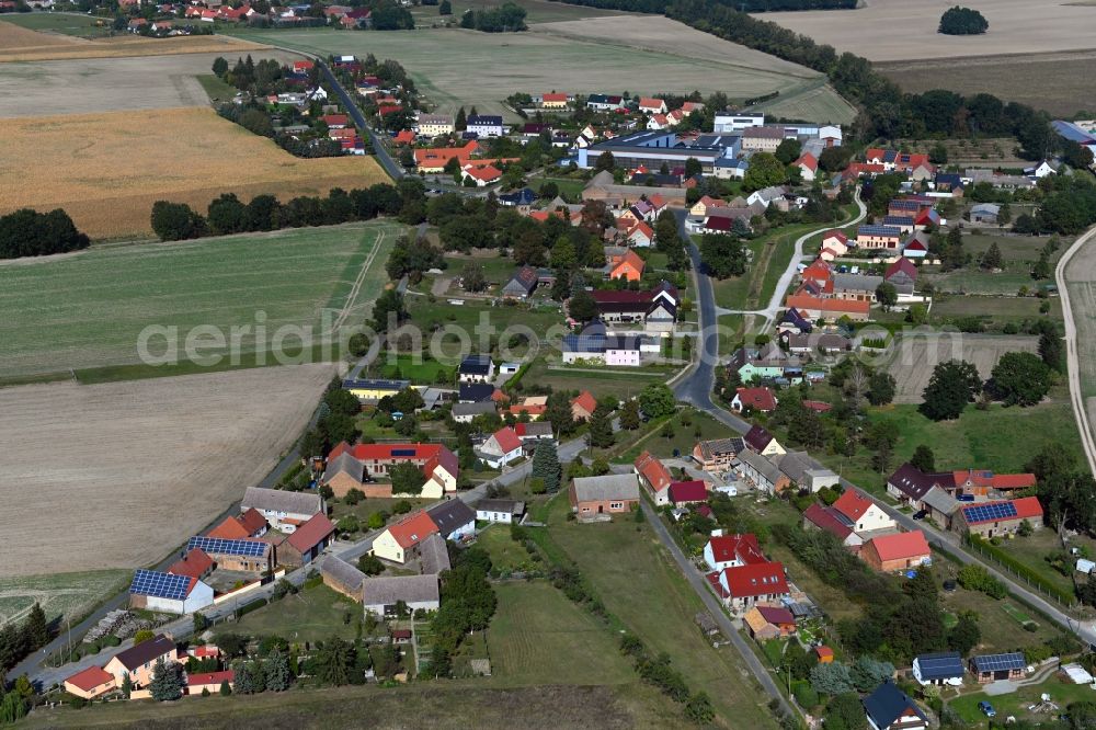 Fröhden from the bird's eye view: Agricultural land and field borders surround the settlement area of the village in Froehden in the state Brandenburg, Germany