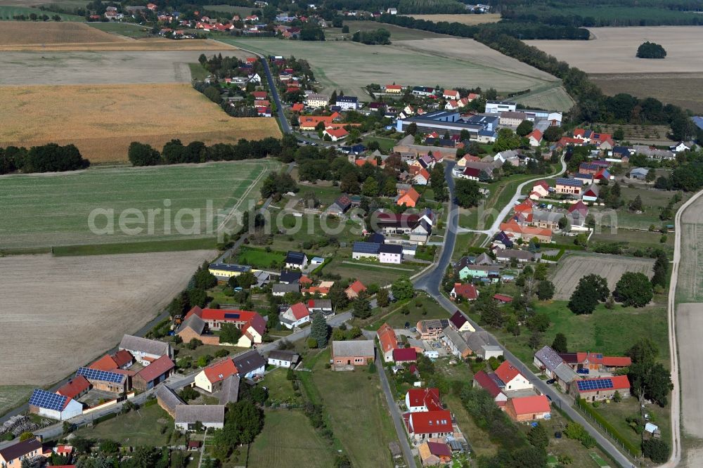 Aerial image Fröhden - Agricultural land and field borders surround the settlement area of the village in Froehden in the state Brandenburg, Germany