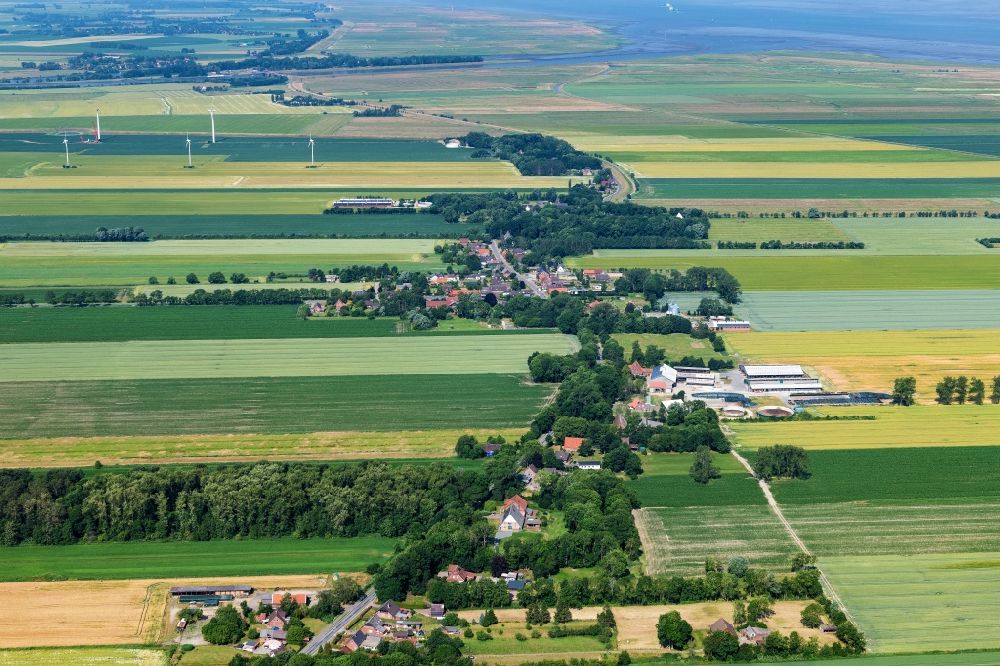 Hörne from the bird's eye view: Agricultural land and field boundaries surround the settlement area of the village von Hoerne in Balje in the state Lower Saxony, Germany