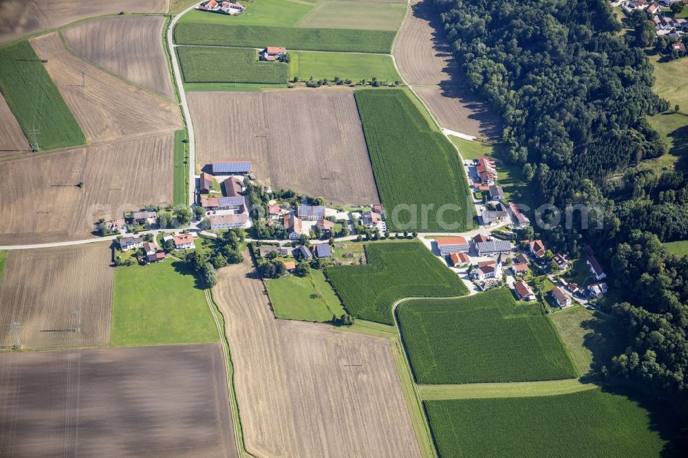 Aerial image Thal - Agricultural land, fields and forest border the two-part settlement area of a??a??the village Thal in the state Bavaria, Germany