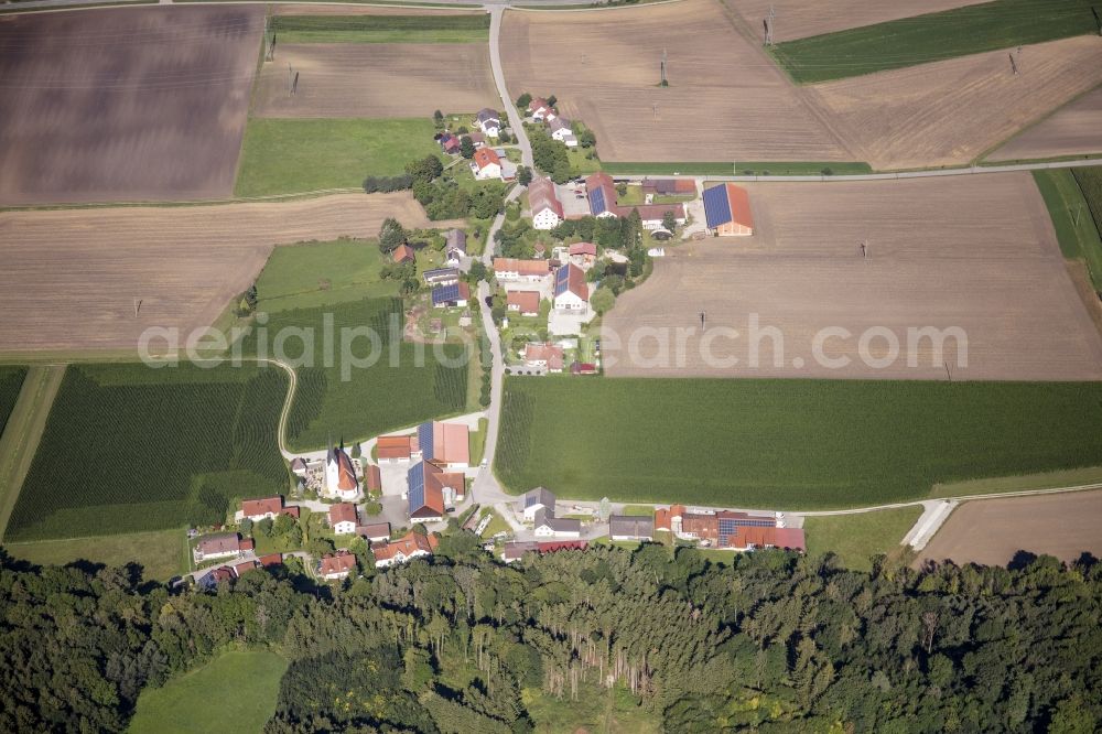 Thal from the bird's eye view: Agricultural land, fields and forest border the two-part settlement area of a??a??the village Thal in the state Bavaria, Germany