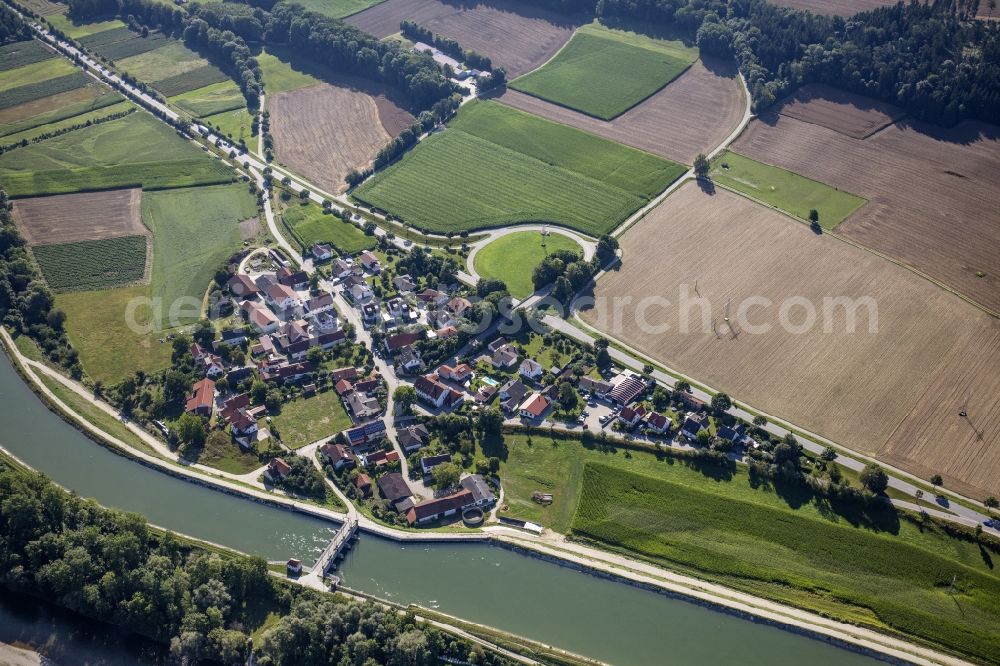 Hofham from above - Village view on the banks of the Mittlere-Isar Canal and the Isar in Hofham in the state Bavaria, Germany