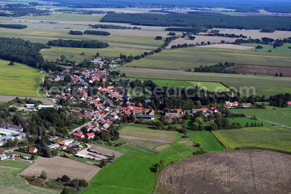 Aerial photograph Papenbruch - Agricultural land and field borders surround the settlement area of the village in Papenbruch in the state Brandenburg, Germany
