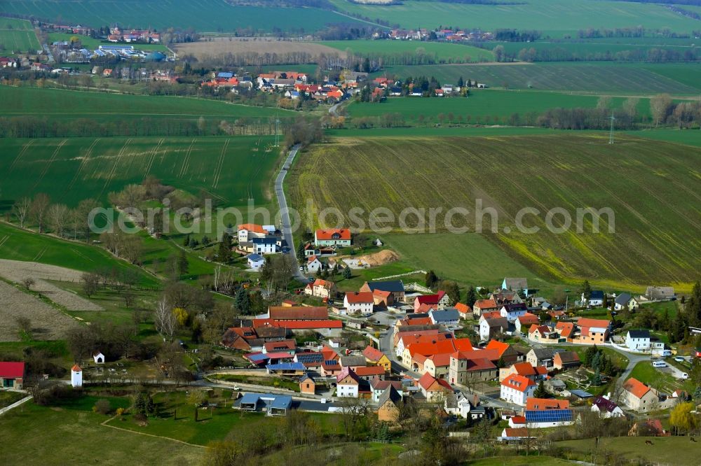 Aerial image Rehehausen - Agricultural land and field borders surround the settlement area of the village Rehehausen in the state Saxony-Anhalt, Germany
