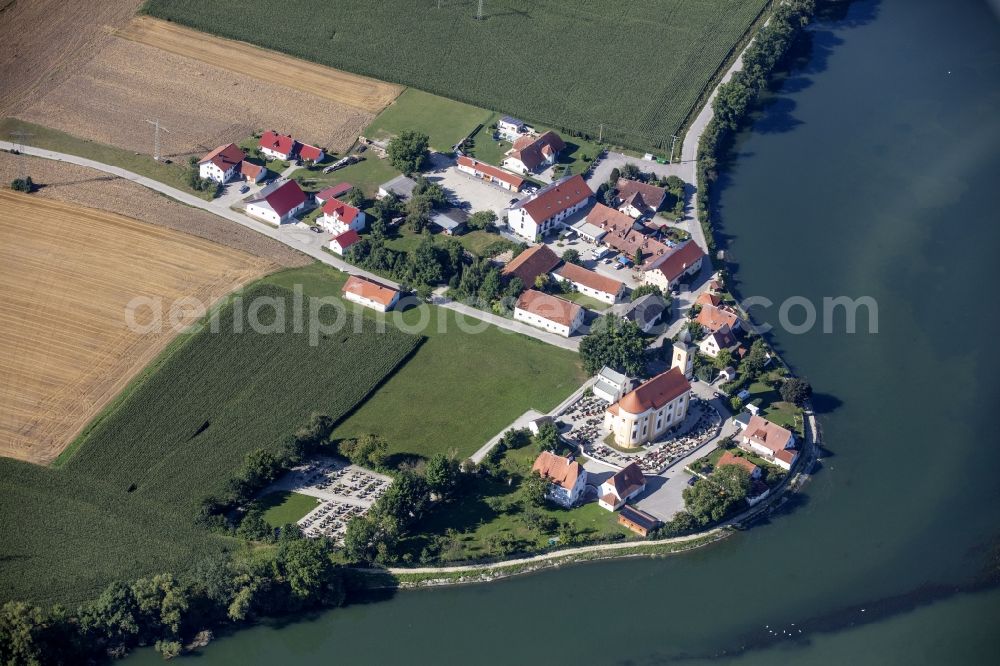 Eching from the bird's eye view: Village view on the banks of the Mittlere-Isar Canal in Eching in the state Bavaria, Germany