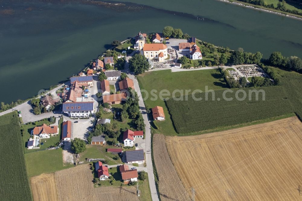 Eching from above - Village view on the banks of the Mittlere-Isar Canal in Eching in the state Bavaria, Germany