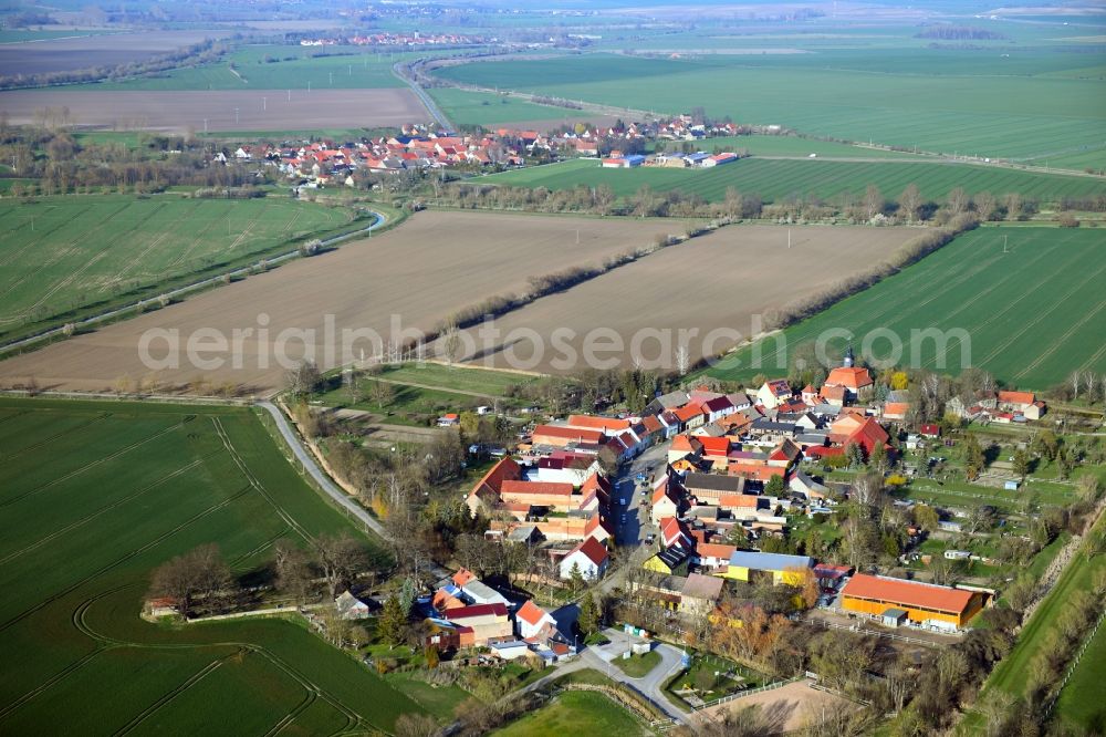 Waltersdorf from above - Agricultural land and field borders surround the settlement area of the village in Waltersdorf in the state Thuringia, Germany