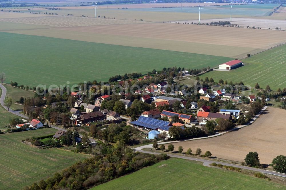 Aerial image Beyersdorf - Agricultural land and field borders surround the settlement area of the village in Beyersdorf in the state Saxony-Anhalt, Germany