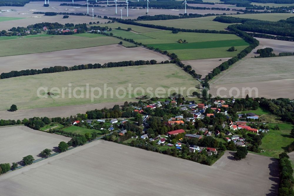 Aerial photograph Brügge - Agricultural land and field borders surround the settlement area of the village in Bruegge in the state Brandenburg, Germany