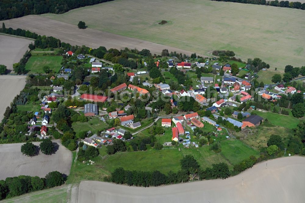 Brügge from the bird's eye view: Agricultural land and field borders surround the settlement area of the village in Bruegge in the state Brandenburg, Germany