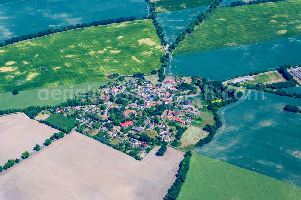 Aerial image Brügge - Agricultural land and field borders surround the settlement area of the village in Bruegge in the state Brandenburg, Germany