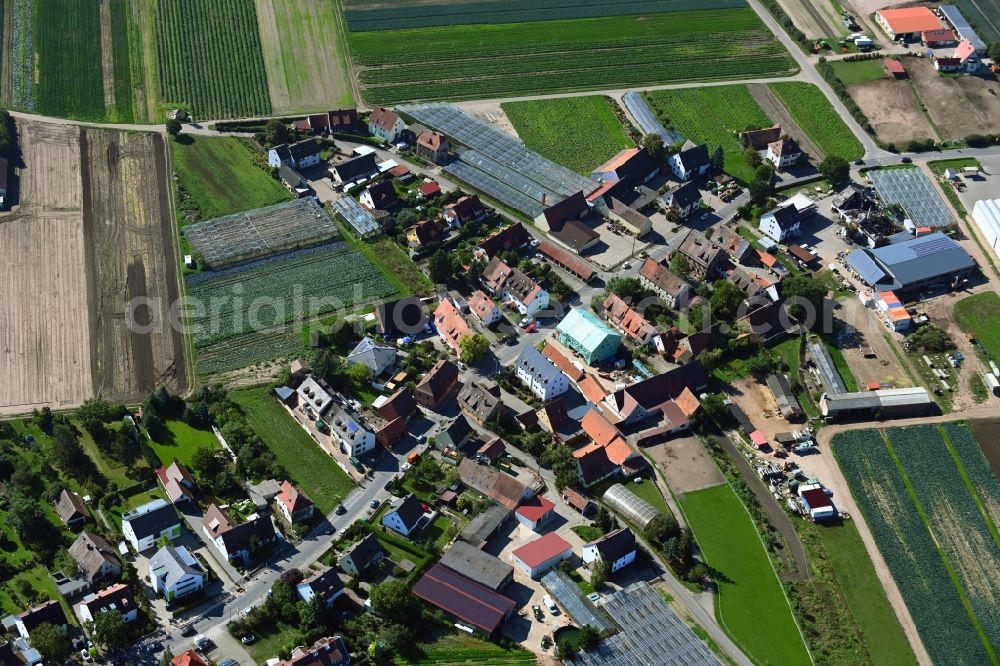 Buch from above - Agricultural land and field borders surround the settlement area of the village in Buch in the state Bavaria, Germany