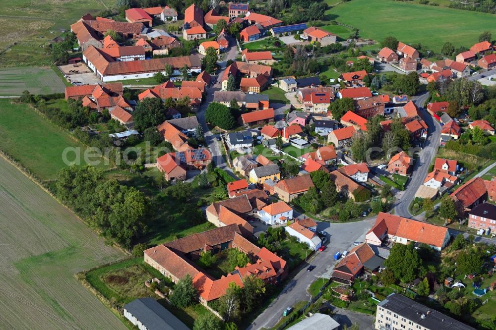 Döhren from the bird's eye view: Agricultural land and field borders surround the settlement area of the village in Doehren in the state Saxony-Anhalt, Germany