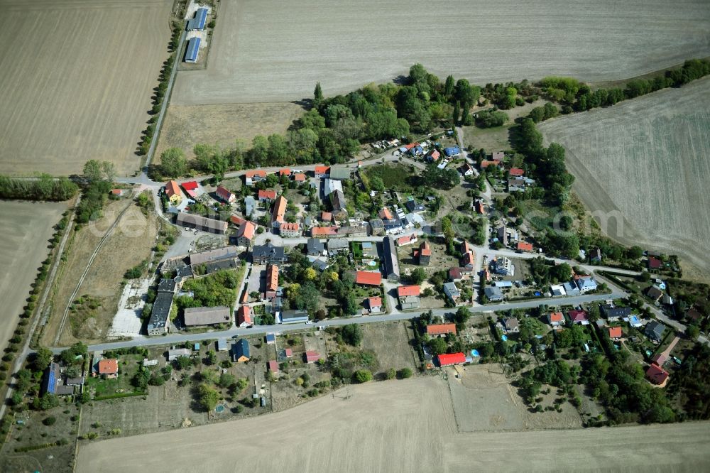 Eismannsdorf from the bird's eye view: Agricultural land and field borders surround the settlement area of the village in Eismannsdorf in the state Saxony-Anhalt, Germany
